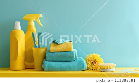 Cleaning set for different surfaces in kitchen, bathroom and other rooms. Empty place for text or logo. Bright yellow background. Spring regular cleanup. Front view. Cleaning set for different surfaces in kitchen, bathroom and other rooms. Empty place for text or logo. Bright yellow background. Spring regular cleanup. Front view. 113898391