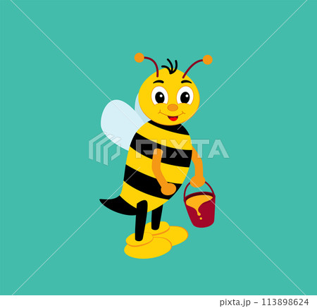 Cute bee holding honey. happy cartoon bee flying with bucket of honey. 113898624