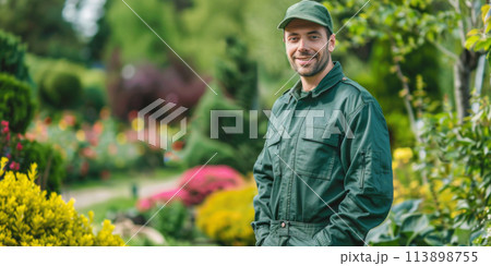 Professional portrait - Gardner in a beautifully landscaped garden 113898755