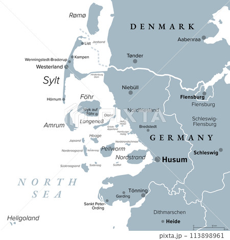 Nordfriesland, or North Frisia, gray political map. Northernmost district of Germany, part of Schleswig-Holstein, with capital Husum and five large islands Sylt, Foehr, Amrum, Pellworm and Nordstrand. Nordfriesland, or North Frisia, gray political map. Northernmost district of Germany, part of Schleswig-Holstein, with capital Husum and five large islands Sylt, Foehr, Amrum, Pellworm and Nordstrand. 113898961