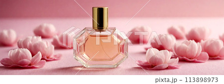 Bottle of women's perfume close-up on a pink background 113898973