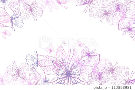 Butterflies are pink, blue, lilac, flying, delicate line art. Graphic illustration hand drawn in pink, lilac ink. Square frame, template EPS vector 113898981