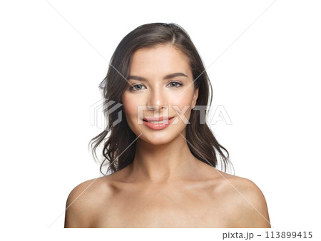 Brunette young happy woman model with natural make-up, clean healthy fresh skin and long hair Brunette young happy woman model with natural make-up, clean healthy fresh skin and long hair 113899415