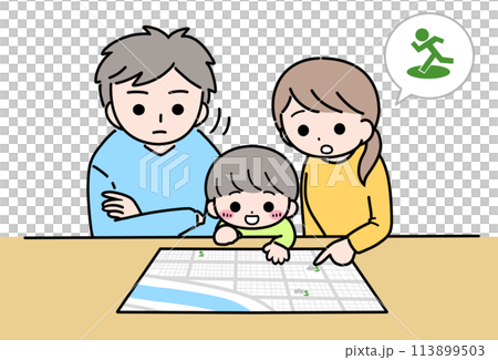 ハザードマップを見て避難場所の確認をするファミリー 113899503