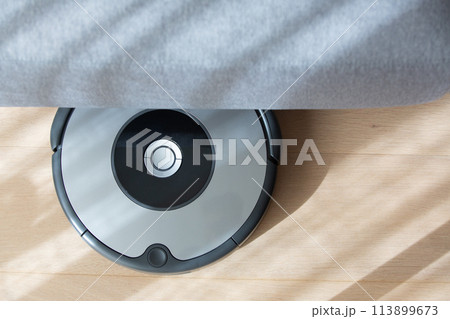 robot vacuum cleaner under a sofa. 113899673