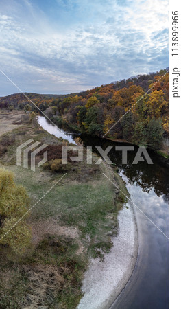 Aerial river curve with autumn forest 113899966
