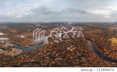 Autumn aerial river valley panorama in Ukraine 113900078