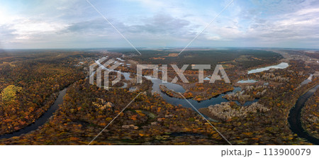 Autumn aerial river valley panorama in Ukraine 113900079