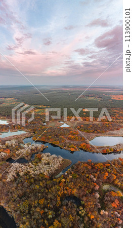 Autumn sunset aerial river valley panorama 113900101