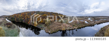 Aerial panorama on river curve in autumn valley Aerial panorama on river curve in autumn valley 113900185