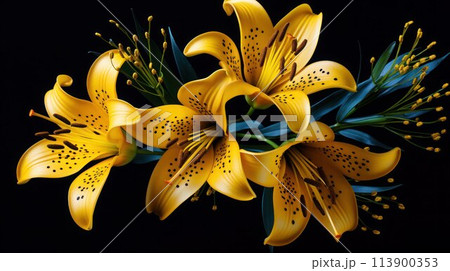 Beautiful yellow lilies in bloom on a black background, close-up. 113900353