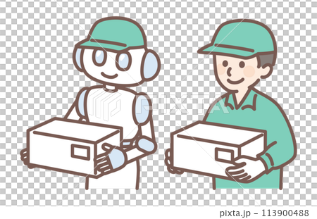 A delivery man and a humanoid robot A delivery man and a humanoid robot 113900488