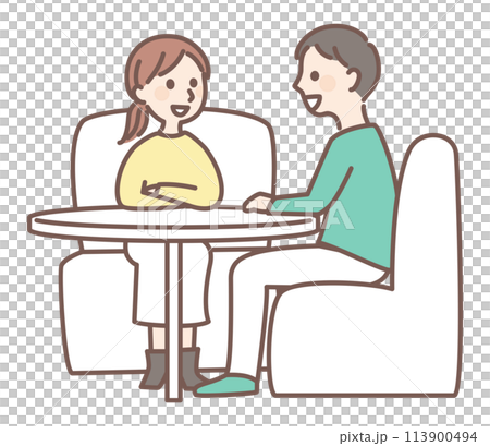 男人和女人在餐桌上交談 113900494