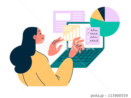 Business woman working online at laptop computer data information 113900559
