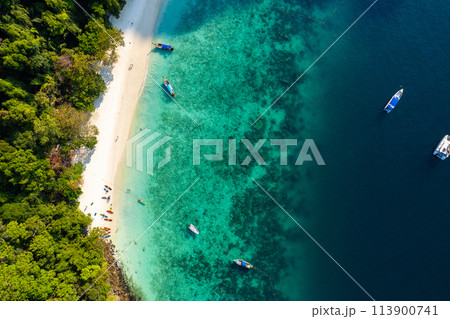 Aerial view of monkey beach in Koh Phi Phi island in Krabi, Thailand Aerial view of monkey beach in Koh Phi Phi island in Krabi, Thailand 113900741
