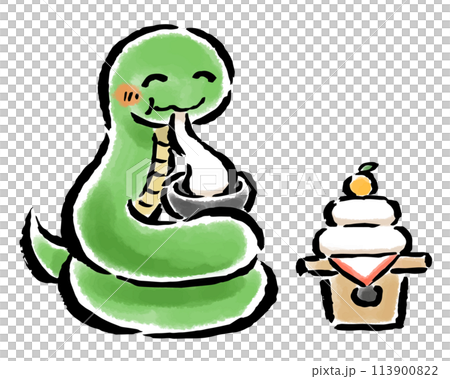 お正月にお餅を食べる巳（へび）　筆タッチ手描きイラスト 113900822