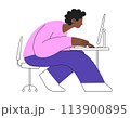 Vector illustration of an African man working at computer. Deep concentration and focus on the job task. work environment, concentration, and productivity. 113900895