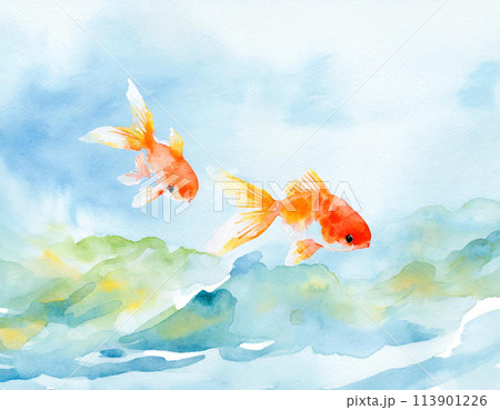 水彩画の金魚 和風 Generative AIのイラスト素材 [113901226