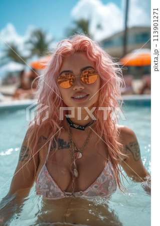 Happy teenager on summer vacation in a luxury resort. Summer holidays concept. Portrait of a beautiful teenage tattooed influencer with pink hair and piercings having fun at a luxury resort 113901271