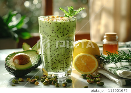 Avocado smoothie with nuts and seeds, garnished and ready to serve. Generated AI. 113901675