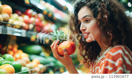 A young woman explores a vibrant fruit market, picking up fresh produce with enthusiasm. The joy of shopping for healthy food. Generative AI. 113901677