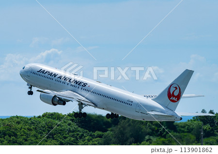 沖縄県　宮古島市　リゾート　島　夏休み　飛行機　宮古空港　午前　雲　日本航空　コックピット 113901862