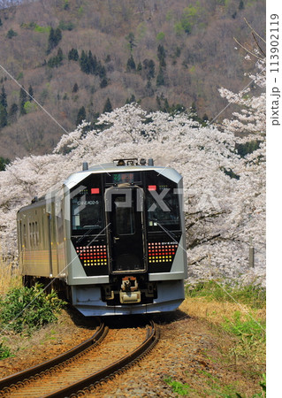 桜の中を行く磐越西線 113902119