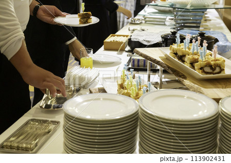 ビュッフェ形式のパーティー料理 サンドイッチ ホテル 宴会場 ビュッフェ形式のパーティー料理 サンドイッチ ホテル 宴会場 113902431