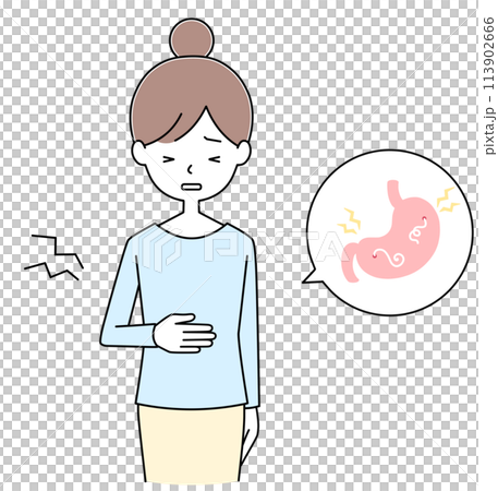 食物中毒(異尖線蟲) 一名胃痛的年輕婦女的插圖 食物中毒(異尖線蟲) 一名胃痛的年輕婦女的插圖 113902666
