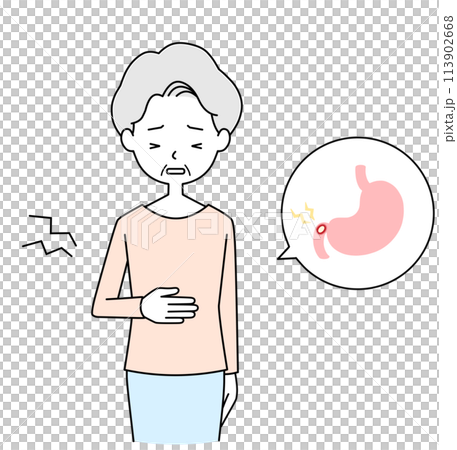 Illustration of a senior woman with a duodenal ulcer Illustration of a senior woman with a duodenal ulcer 113902668