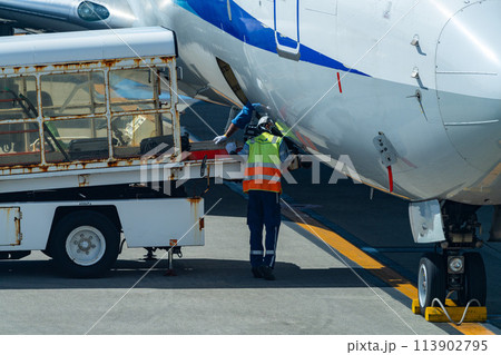 沖縄県　宮古島市　リゾート　島　夏休み　飛行機　宮古空港　午前　雲　全日空　預け荷物　カーゴ 113902795