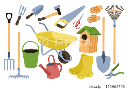 Gardening. Vector set of gardening equipment and vegetable garden care. 113902796