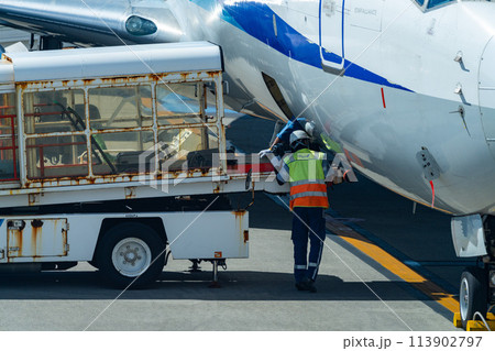 沖縄県　宮古島市　リゾート　島　夏休み　飛行機　宮古空港　午前　雲　全日空　預け荷物　カーゴ 113902797