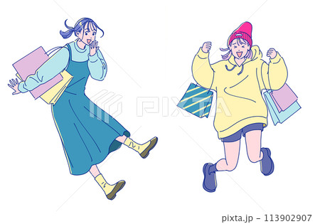 買い物袋を持ったアニメ風のジャンプする女性二人 113902907