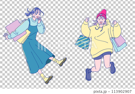 買い物袋を持ったアニメ風のジャンプする女性二人 113902907