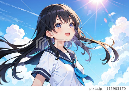 女学生　背景　青空　雲　夏　コピースペース 113903170