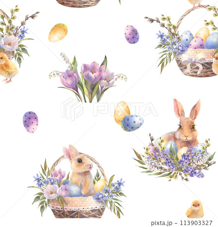 Watercolor seaemless pattern with bunny, easter rabbit in floral basket with colorful eggs, spring bunny, cute fluffy pet, farmhouse animal illustration. Vintage style. Watercolor seaemless pattern with bunny, easter rabbit in floral basket with colorful eggs, spring bunny, cute fluffy pet, farmhouse animal illustration. Vintage style. 113903327