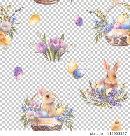 Watercolor seaemless pattern with bunny, easter rabbit in floral basket with colorful eggs, spring bunny, cute fluffy pet, farmhouse animal illustration. Vintage style. 113903327