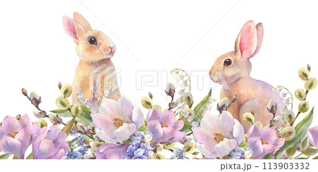Watercolor seamless bordure with little peach rabbits is sitting in the spring flowers wreath. Easter bunny and colorful eggs, decorative eggs yellow, blue, violet. Template for designs, wallpaper. Watercolor seamless bordure with little peach rabbits is sitting in the spring flowers wreath. Easter bunny and colorful eggs, decorative eggs yellow, blue, violet. Template for designs, wallpaper. 113903332