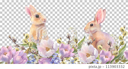 Watercolor seamless bordure with little peach rabbits is sitting in the spring flowers wreath. Easter bunny and colorful eggs, decorative eggs yellow, blue, violet. Template for designs, wallpaper. Watercolor seamless bordure with little peach rabbits is sitting in the spring flowers wreath. Easter bunny and colorful eggs, decorative eggs yellow, blue, violet. Template for designs, wallpaper. 113903332