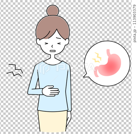 Illustration of a young woman having a stomach ache 113903379