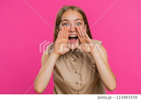 Young woman whisper news rumors holding hands near mouth, share gossip, quiet, keep my secrets 113903550