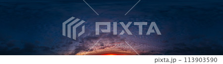 Dark Sunset sky panorama with glowing pink Cirrus clouds. HDR 360 seamless spherical panorama. Full zenith or sky dome in 3D, sky replacement for aerial drone panoramas. Climate and weather change. Dark Sunset sky panorama with glowing pink Cirrus clouds. HDR 360 seamless spherical panorama. Full zenith or sky dome in 3D, sky replacement for aerial drone panoramas. Climate and weather change. 113903590