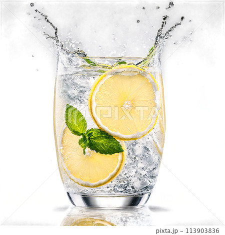 Lemonade with slices of lemon mint leaves and ice cubes swirling in a glass with -1 113903836