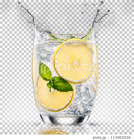 Lemonade with slices of lemon mint leaves and ice cubes swirling in a glass with -1 Lemonade with slices of lemon mint leaves and ice cubes swirling in a glass with -1 113903836