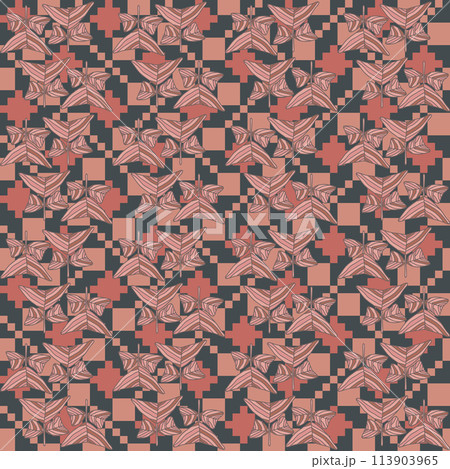 A creative arts textile featuring a seamless pattern of birds and squares in brown, magenta and symmetry on a dark blue background. Ideal for flooring A creative arts textile featuring a seamless pattern of birds and squares in brown, magenta and symmetry on a dark blue background. Ideal for flooring 113903965