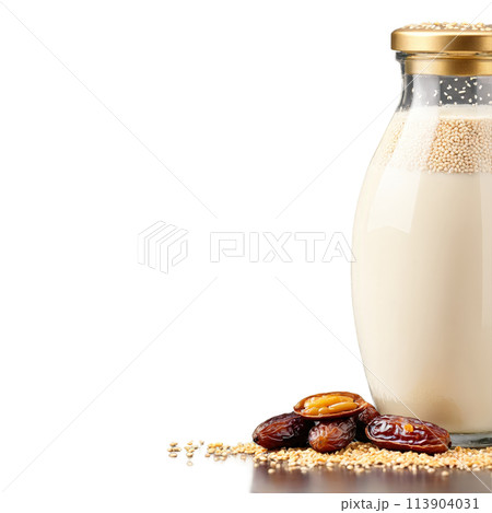 Sesame milk in a glass jar served with a side of fresh dates and a 113904031