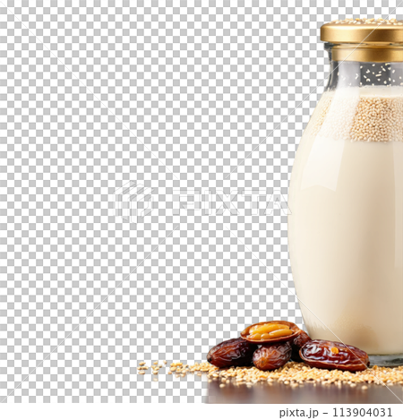 Sesame milk in a glass jar served with a side of fresh dates and a 113904031