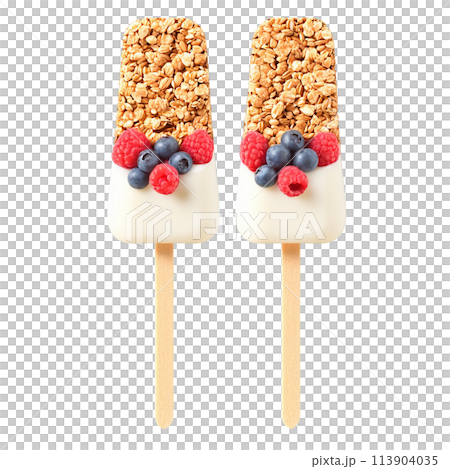 Breakfast popsicles with layers of yogurt granola and fresh berries frozen into a refreshing treat 113904035