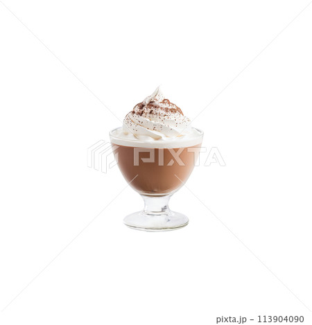 Teff milk chocolate mousse in a glass cup topped with a dollop of whipped cream 113904090